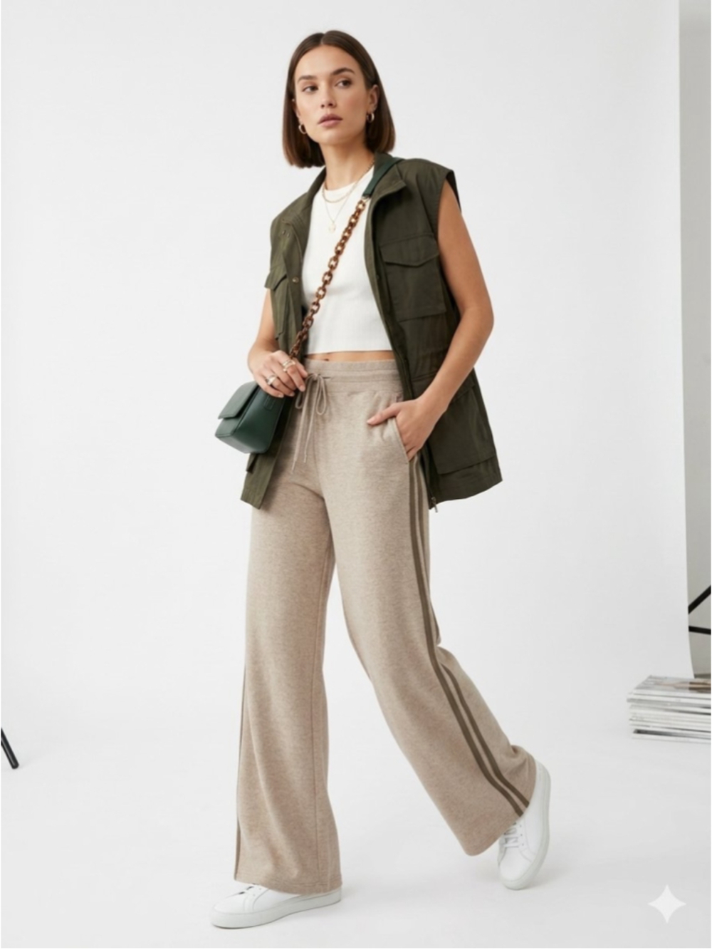 Halara Beige Ribbed Knit High Waisted Side Stripe Wide Leg Lounge Pants S - 849